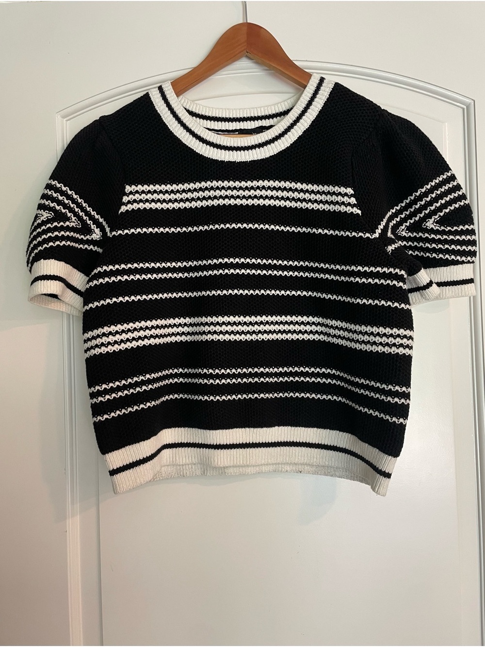 Express Black & White Striped Short-Sleeve Crew Sweater